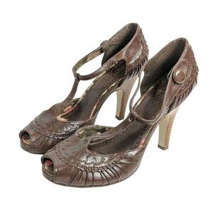 Y-Not? Pumps Women's Dress Shoes Size 8 Brown Faux Leather Uppers Peep Toe 4.25"